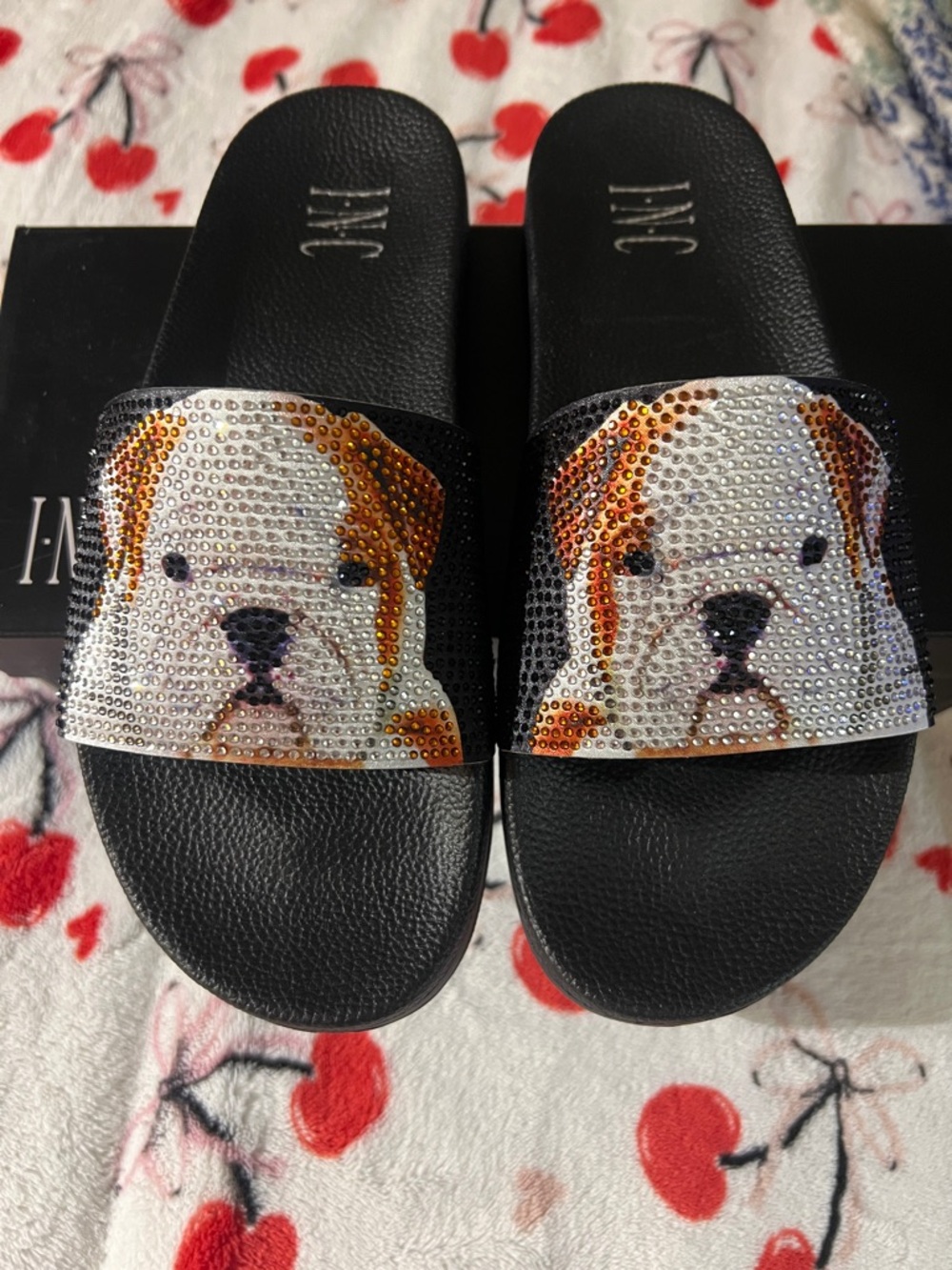 INC International Concepts Black Slide Sandals with Crystal Bulldog Motif